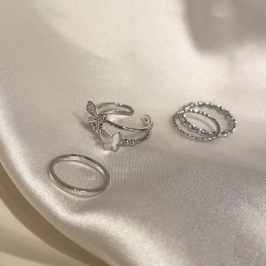 Adjustable Silver Butterfly Ring Set – 3 Pieces