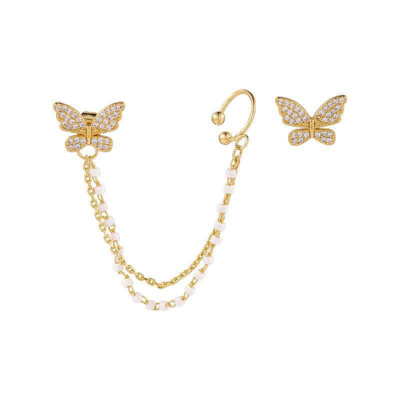 Elegant Butterfly Pearl Chain Earrings – Gold Plated