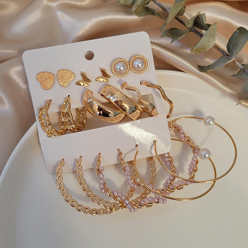 9-Pair Gold-Tone Hoop & Stud Earring Set with Pearls