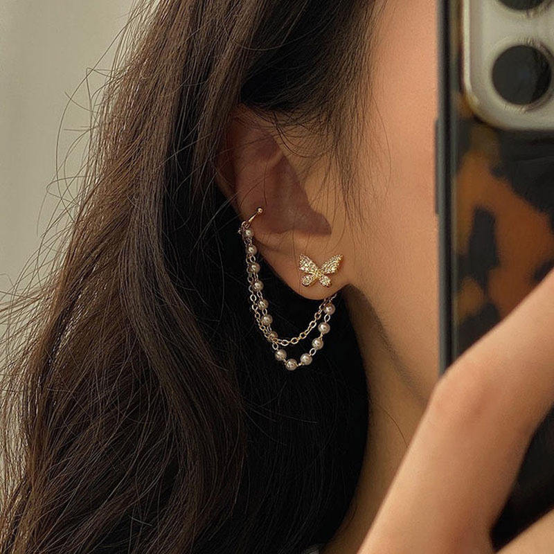 Elegant Butterfly Pearl Chain Earrings – Gold Plated