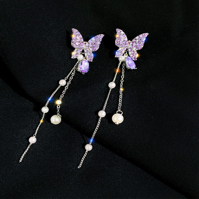 Sparkling Purple Butterfly Dangle Earrings with Pearls
