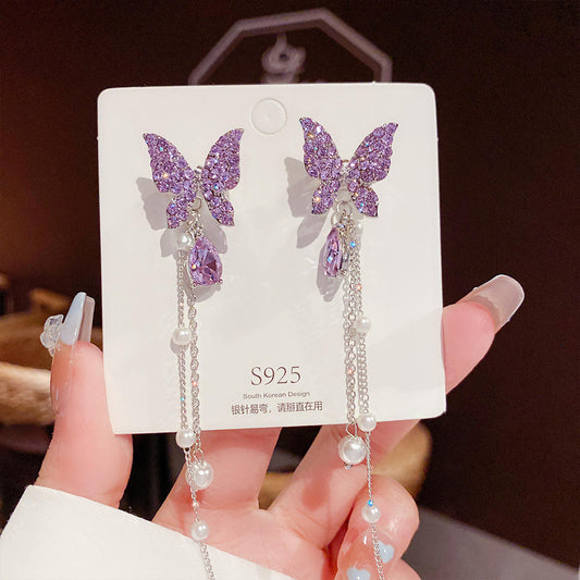 Sparkling Purple Butterfly Dangle Earrings with Pearls