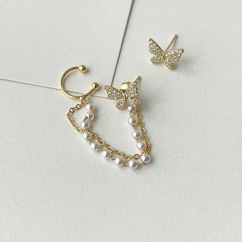 Elegant Butterfly Pearl Chain Earrings – Gold Plated